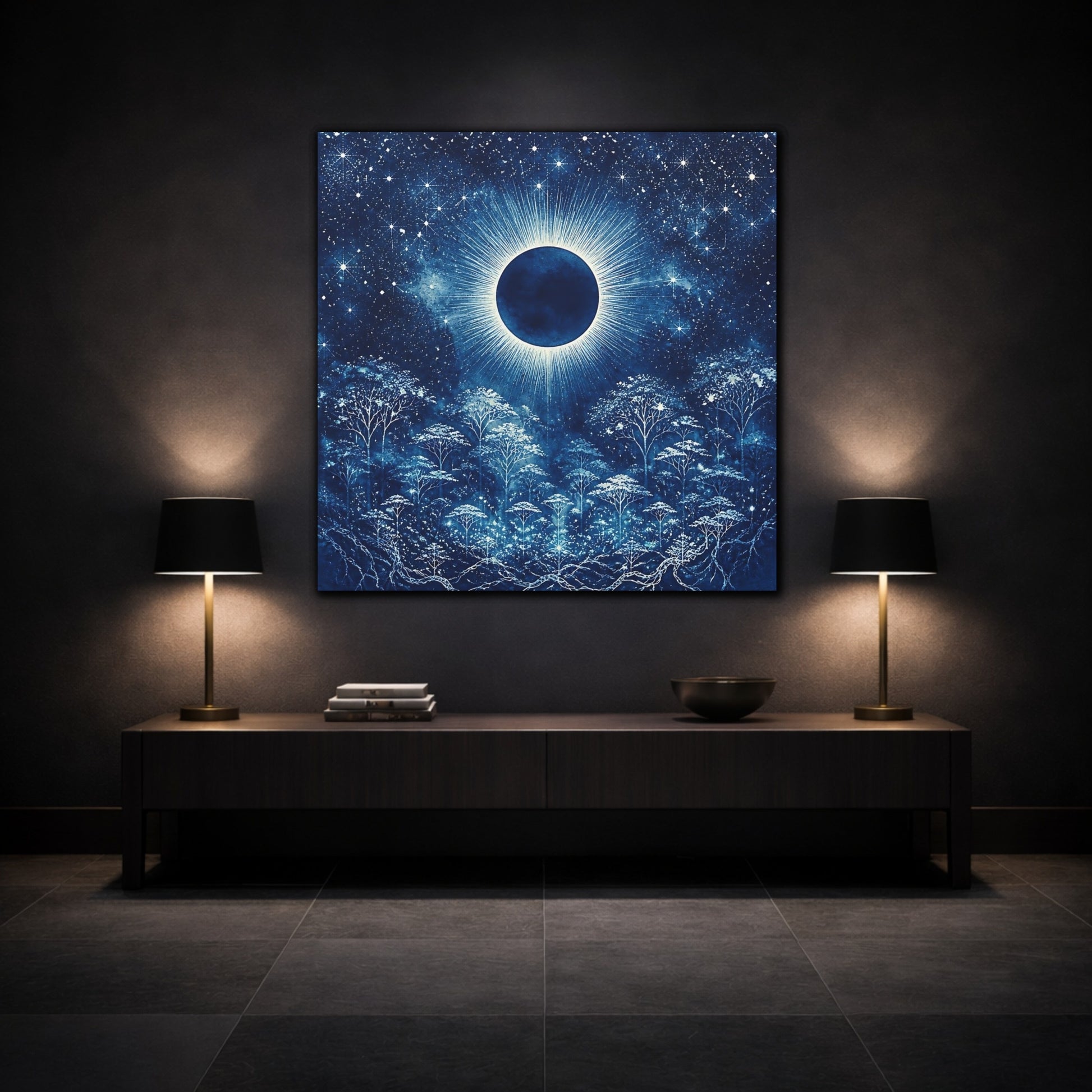 Mockup 3. Eclipsed Moon Over Forest shown as canvas print