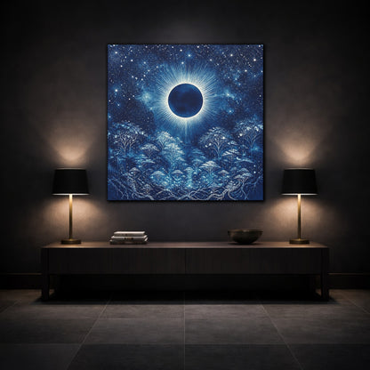 Mockup 3. Eclipsed Moon Over Forest shown as canvas print