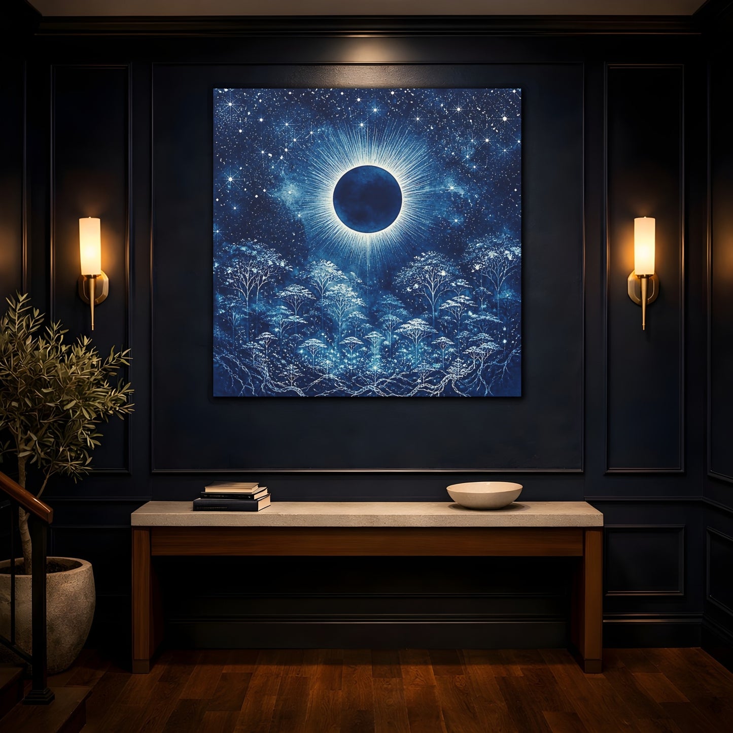 Mockup 4. Eclipsed Moon Over Forest shown as canvas print