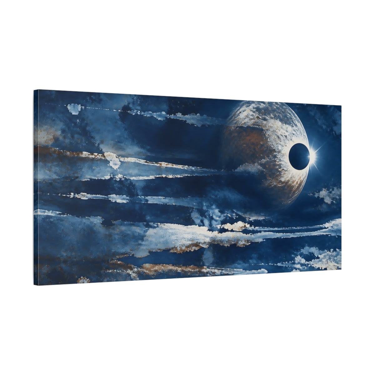 Main Mockup. Eclipsed Planet In Deep Blue shown as canvas print