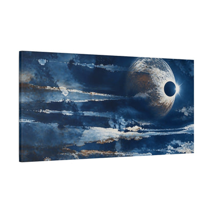 Main Mockup. Eclipsed Planet In Deep Blue shown as canvas print