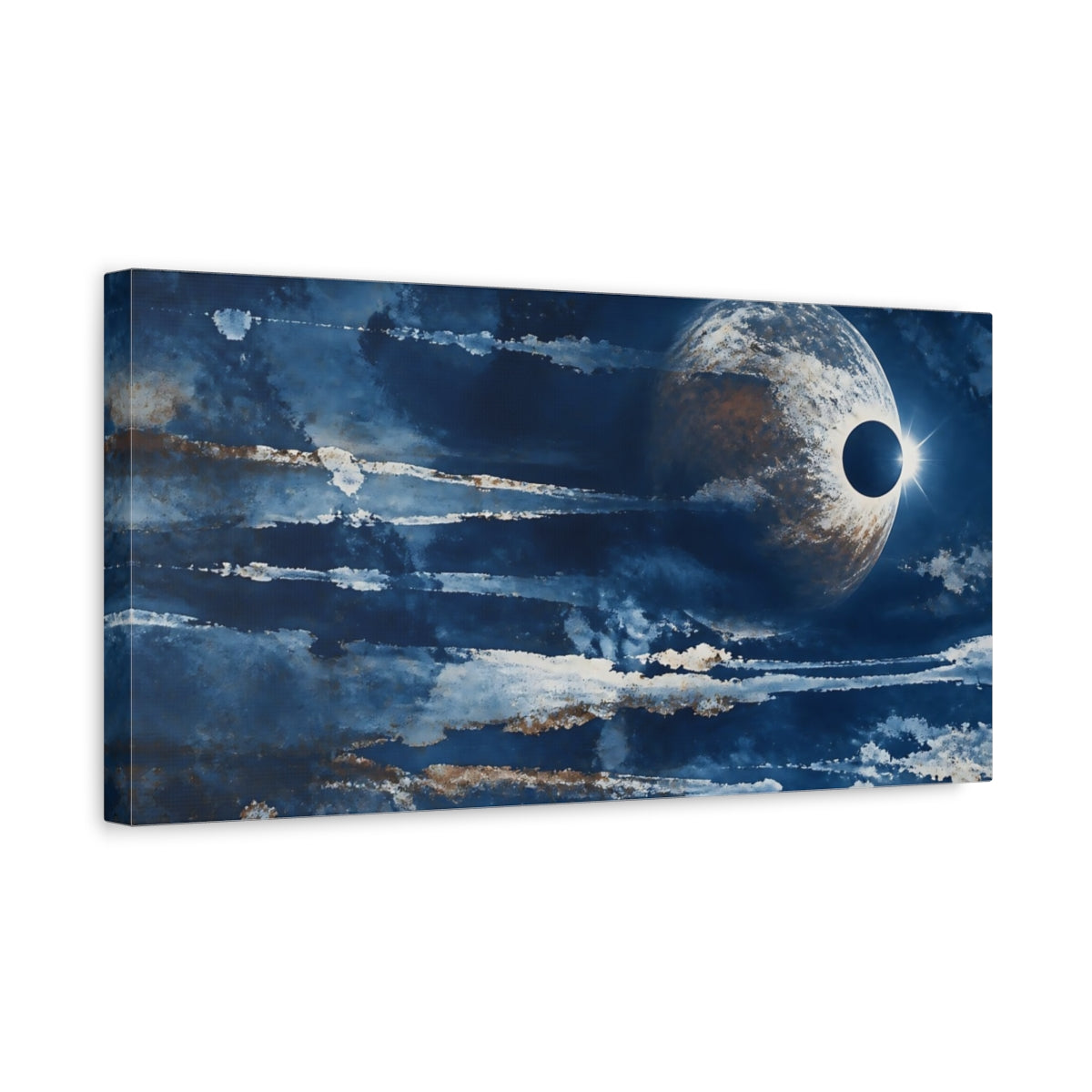 Side Mockup 3. Eclipsed Planet In Deep Blue shown as canvas print