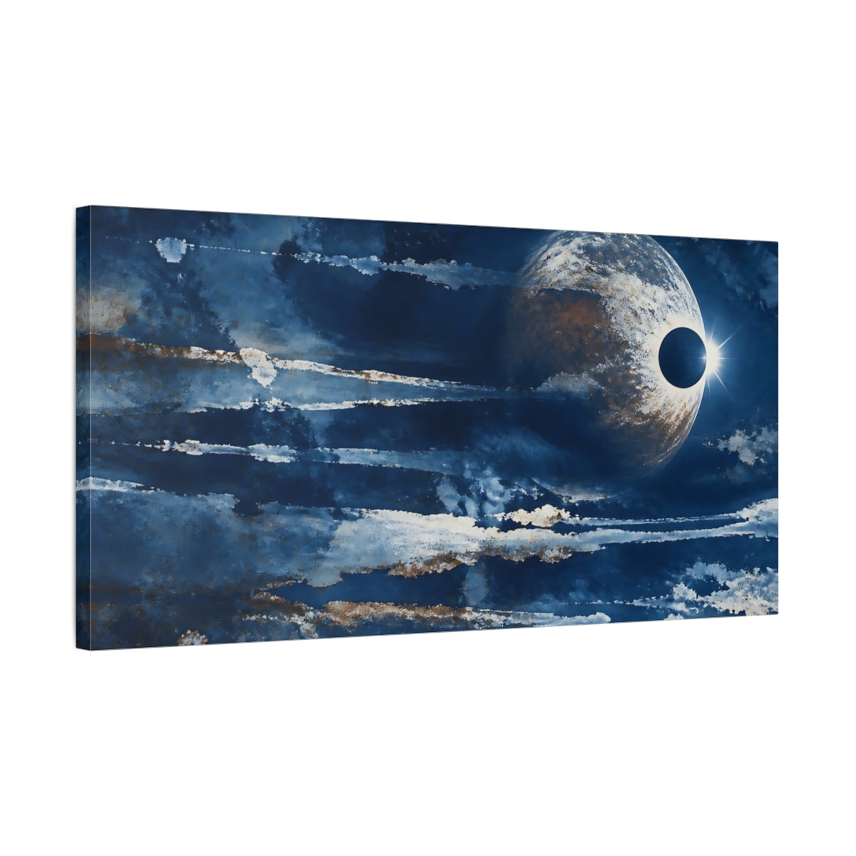 Side Mockup 1. Eclipsed Planet In Deep Blue shown as canvas print
