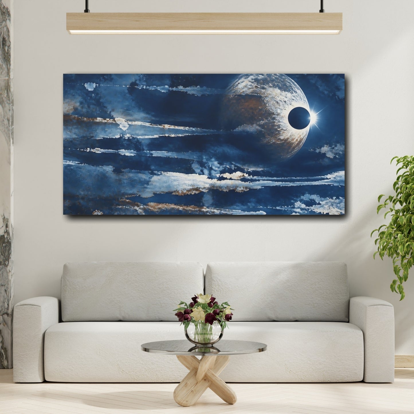 Mockup 2. Eclipsed Planet In Deep Blue shown as canvas print
