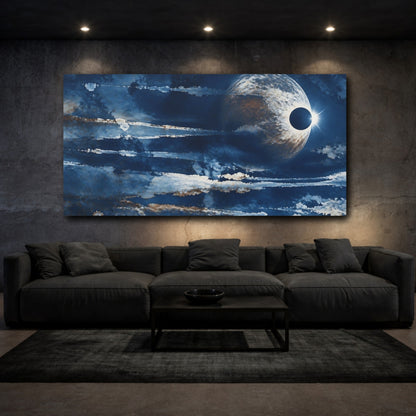 Mockup 3. Eclipsed Planet In Deep Blue shown as canvas print