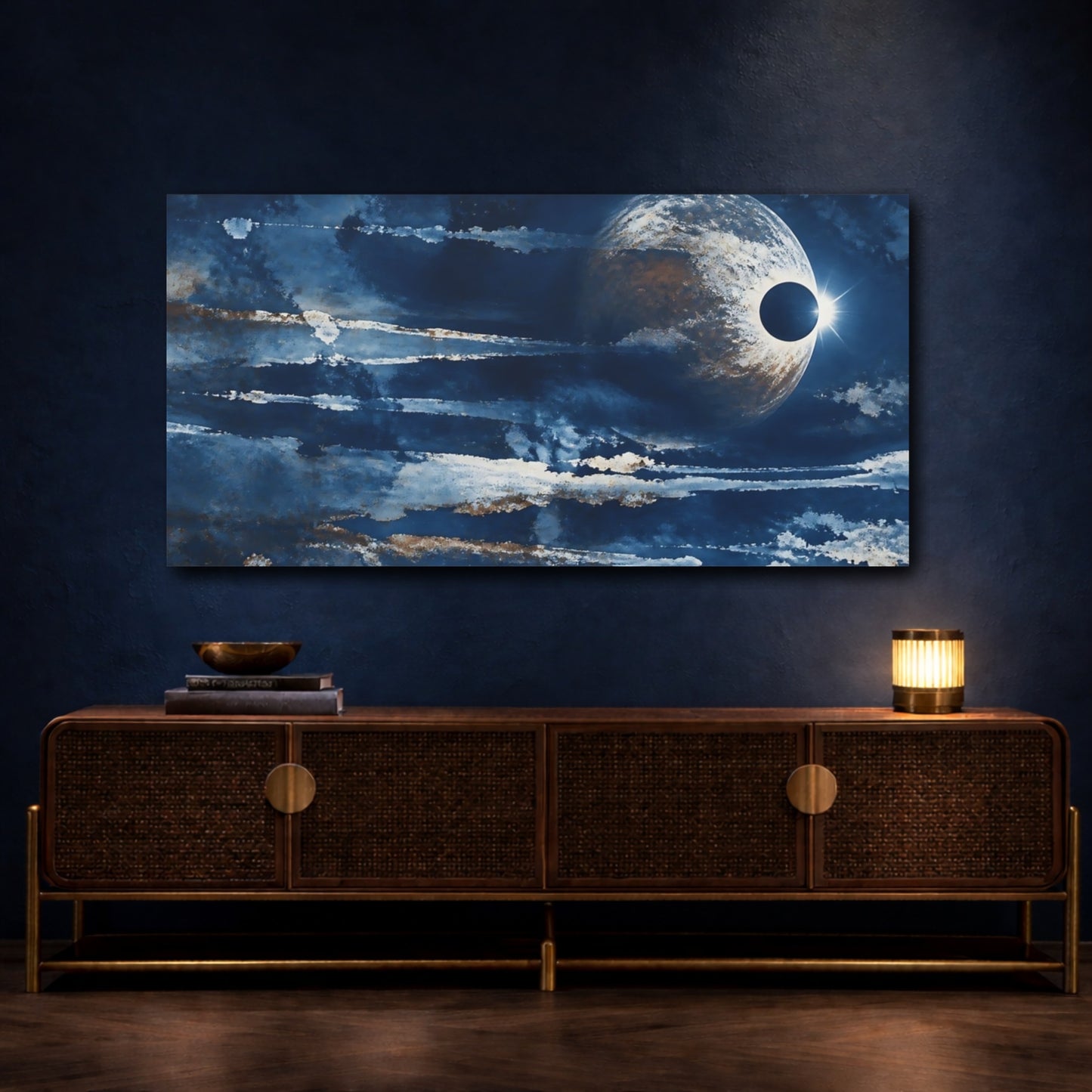 Mockup 4. Eclipsed Planet In Deep Blue shown as canvas print