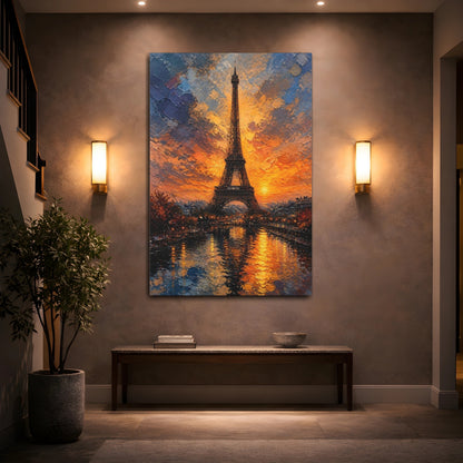Mockup 2. Eiffel Tower Sunset Glow shown as canvas print