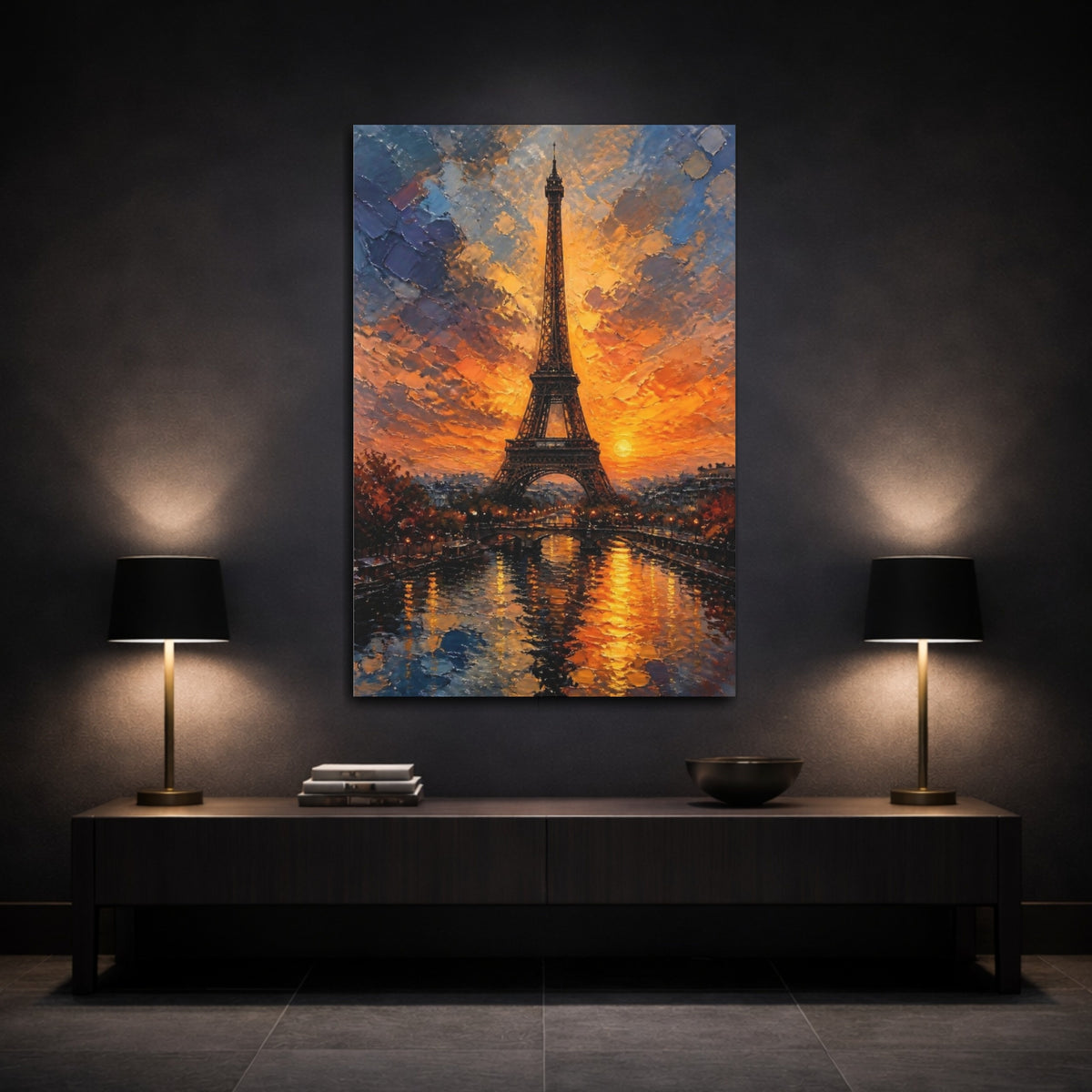 Mockup 3. Eiffel Tower Sunset Glow shown as canvas print