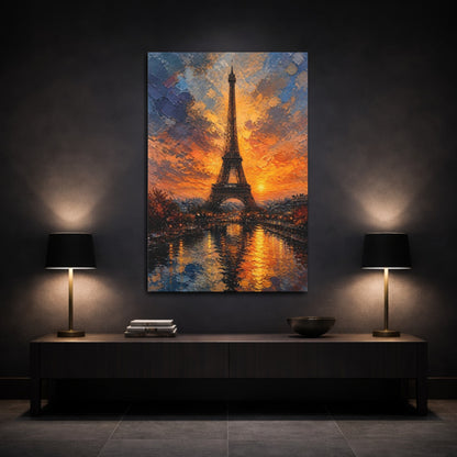 Mockup 3. Eiffel Tower Sunset Glow shown as canvas print