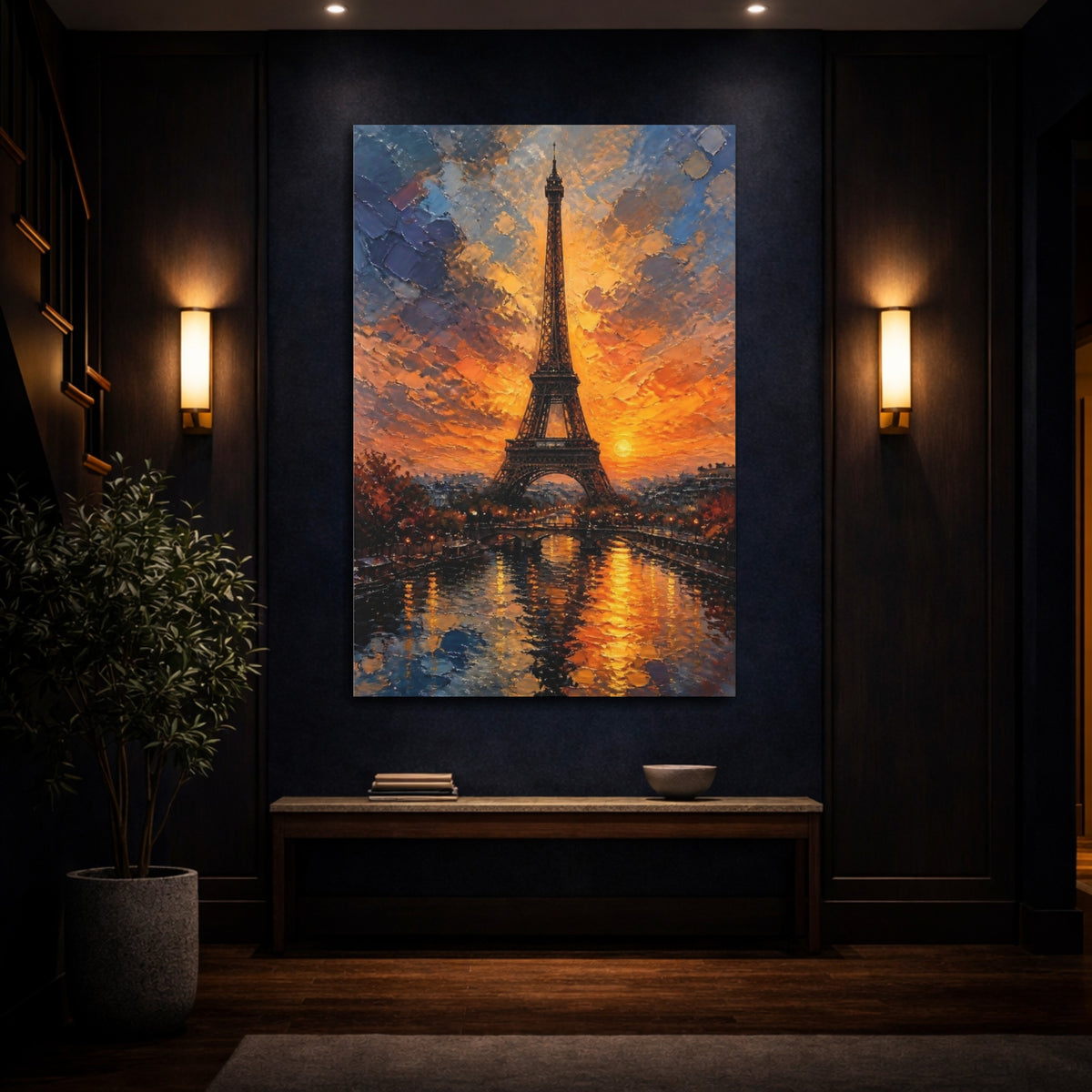 Mockup 4. Eiffel Tower Sunset Glow shown as canvas print