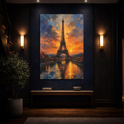 Mockup 4. Eiffel Tower Sunset Glow shown as canvas print