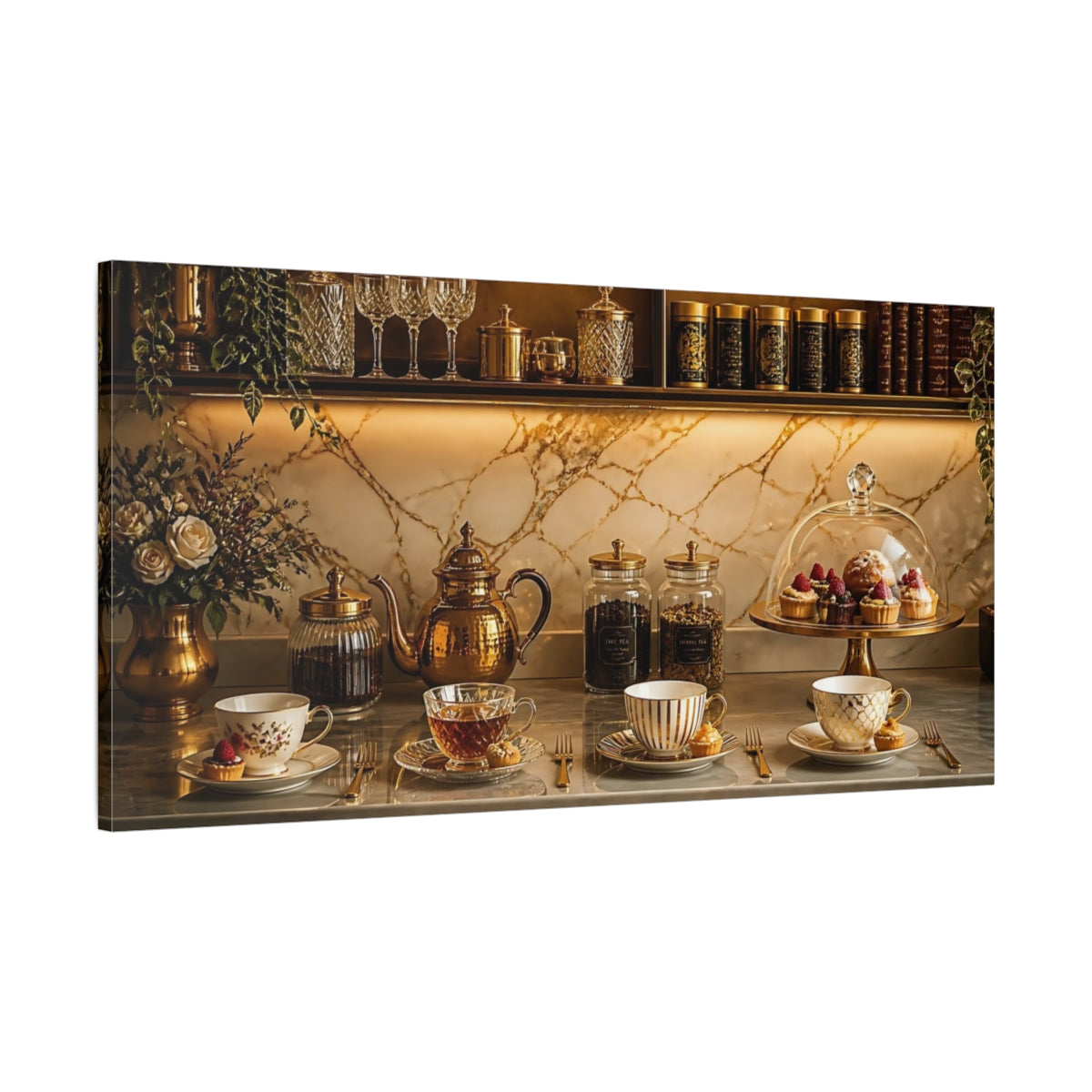 Main Mockup. Elegant Golden Tea Service shown as canvas print