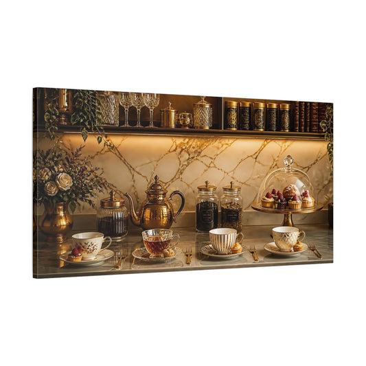 Main Mockup. Elegant Golden Tea Service shown as canvas print