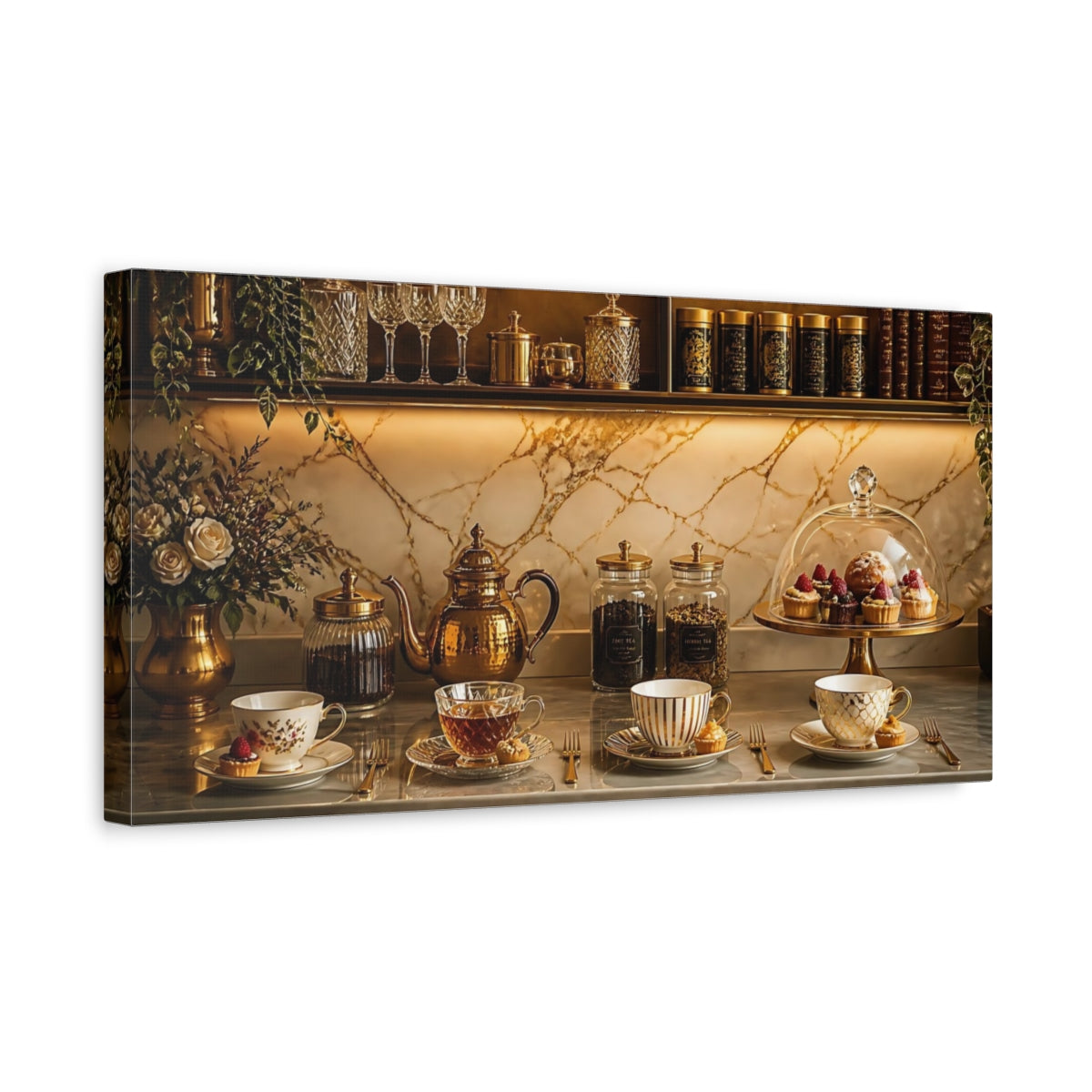 Side Mockup 3. Elegant Golden Tea Service shown as canvas print