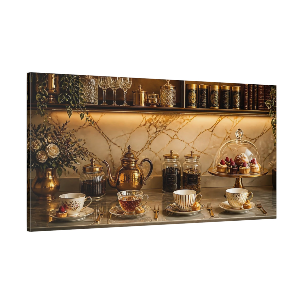 Side Mockup 2. Elegant Golden Tea Service shown as canvas print