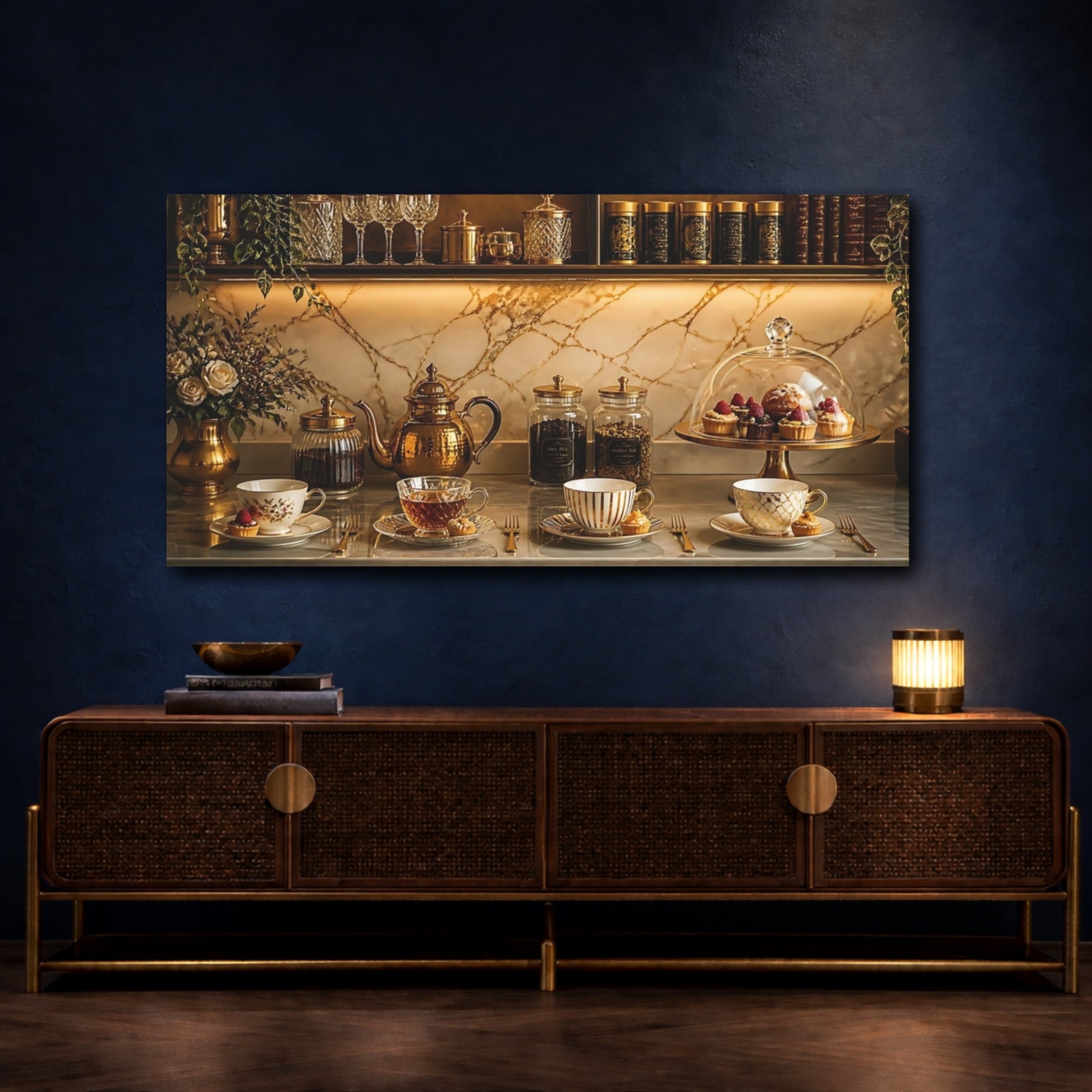 Mockup 4. Elegant Golden Tea Service shown as canvas print