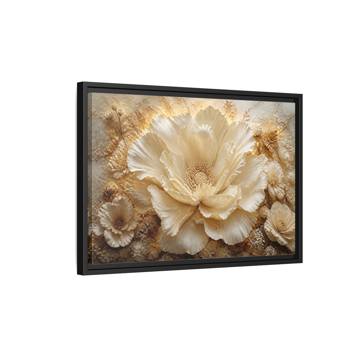 Side Mockup 3. Elegant Ivory Flower Sculpture shown as framed canvas print