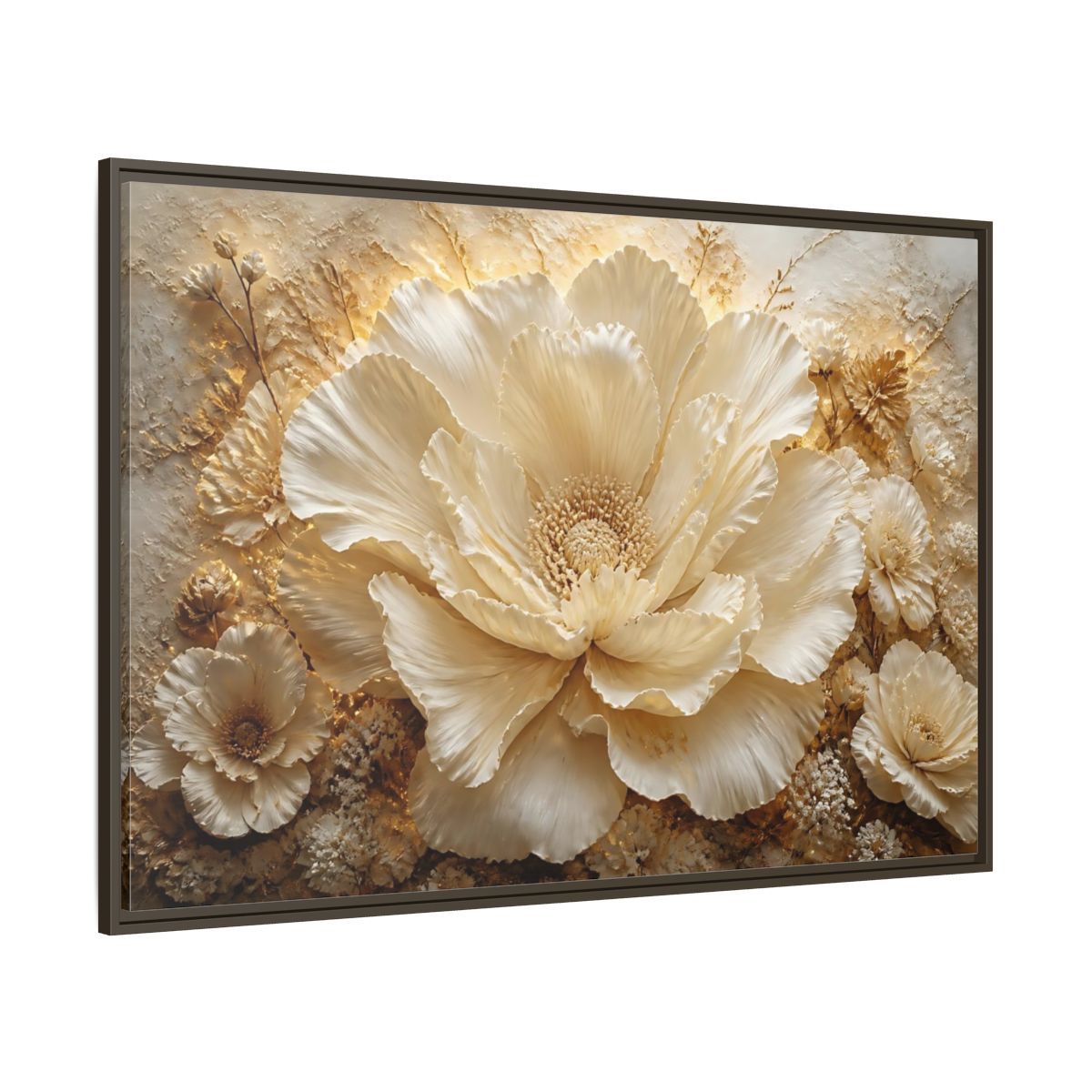 Side Mockup 8. Elegant Ivory Flower Sculpture shown as framed canvas print