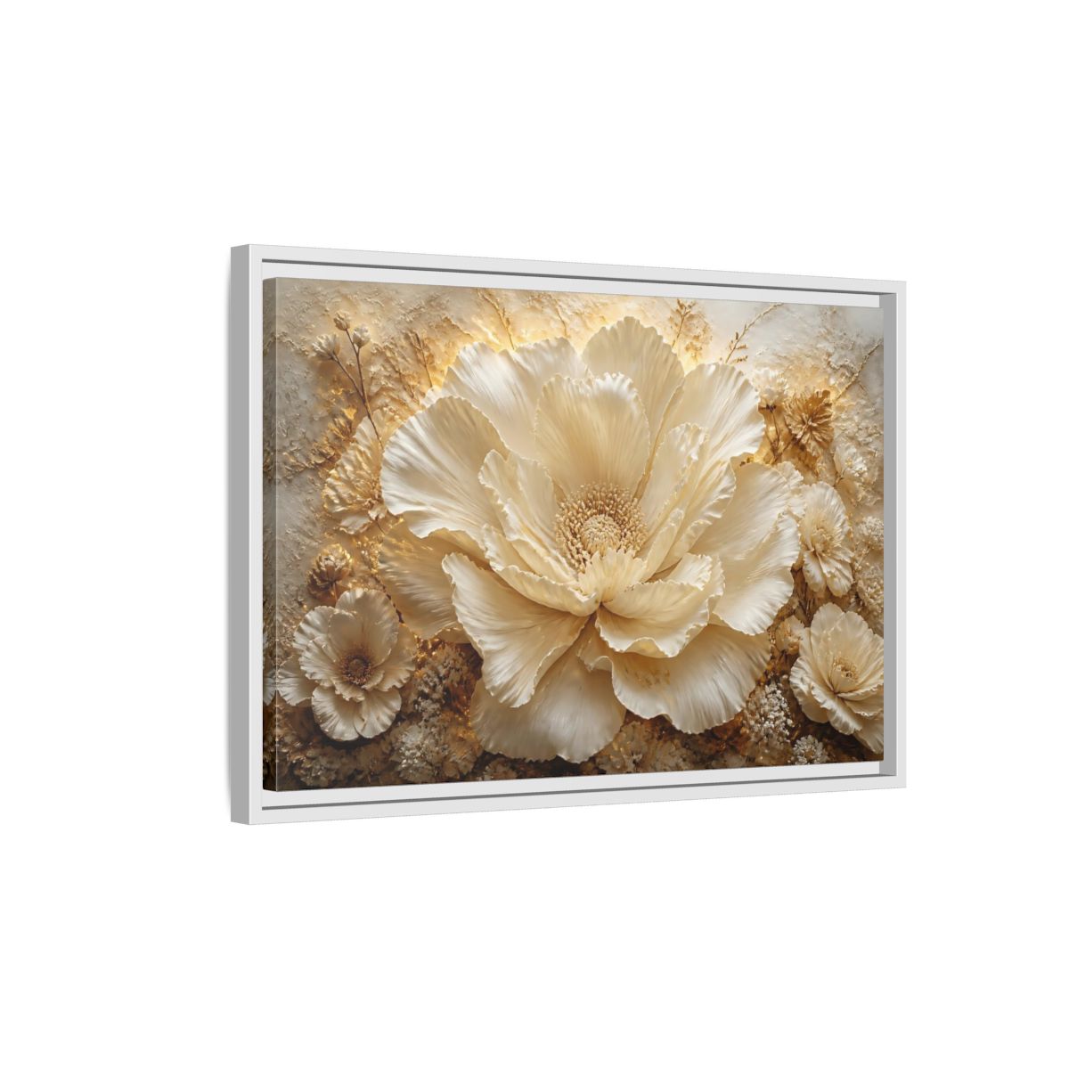 Side Mockup 1. Elegant Ivory Flower Sculpture shown as framed canvas print
