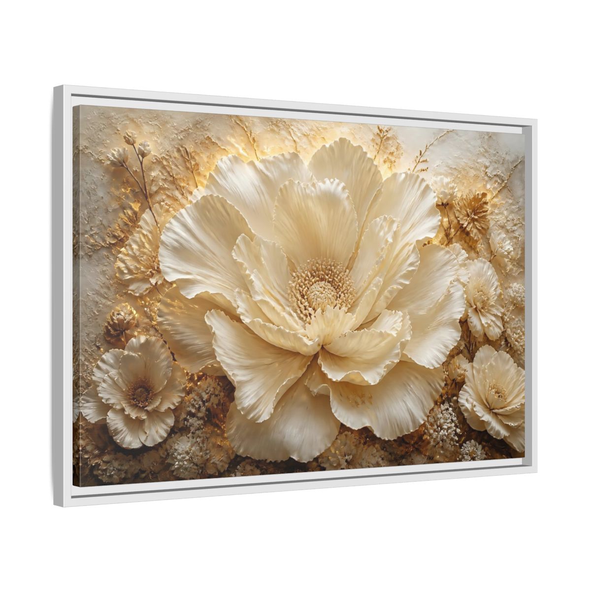 Side Mockup 10. Elegant Ivory Flower Sculpture shown as framed canvas print