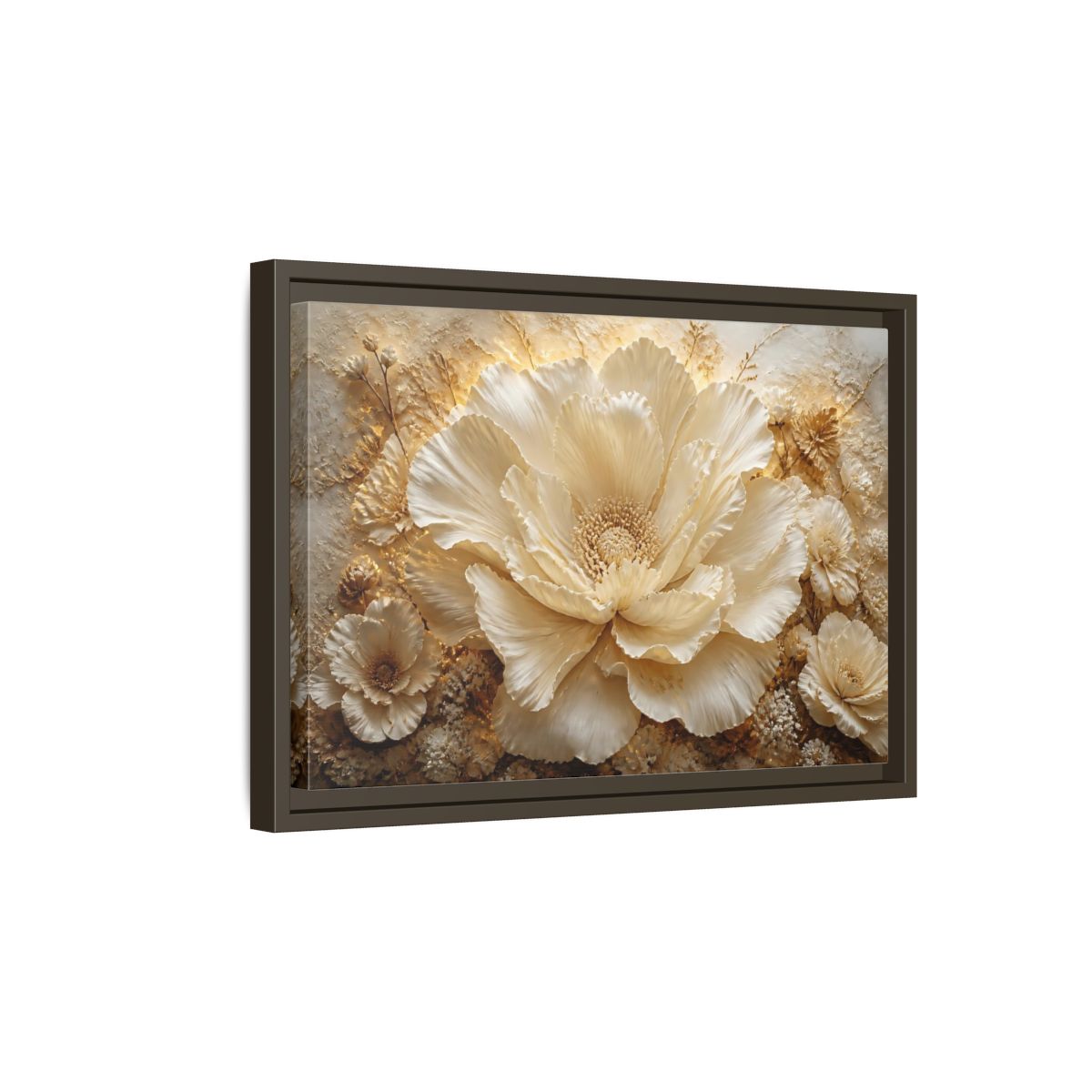 Side Mockup 5. Elegant Ivory Flower Sculpture shown as framed canvas print