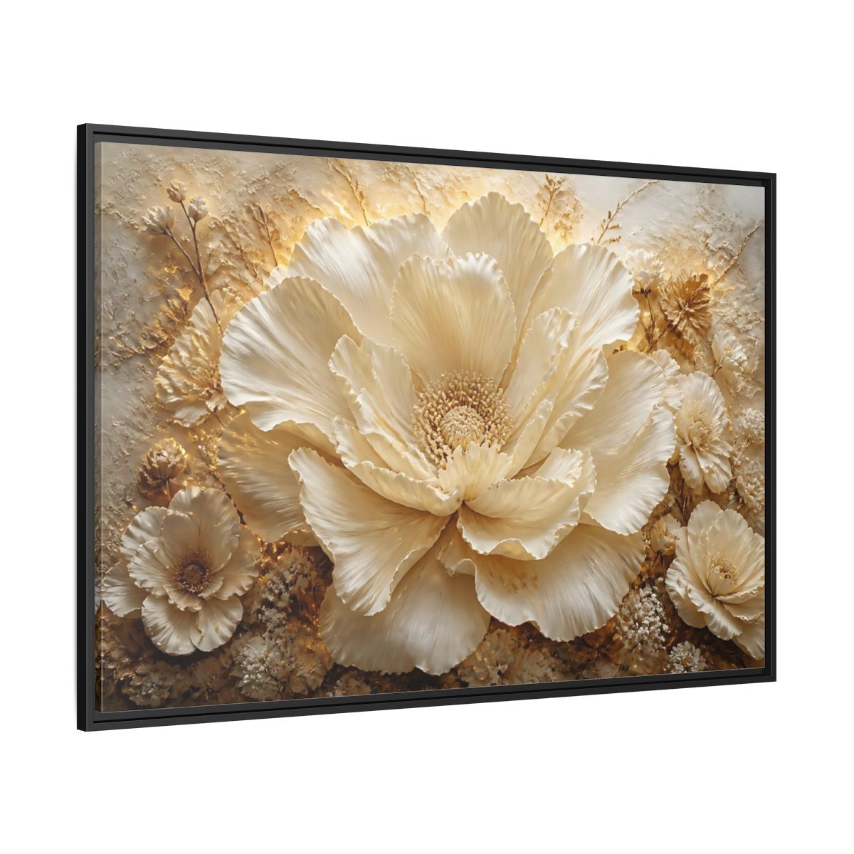 Side Mockup 12. Elegant Ivory Flower Sculpture shown as framed canvas print