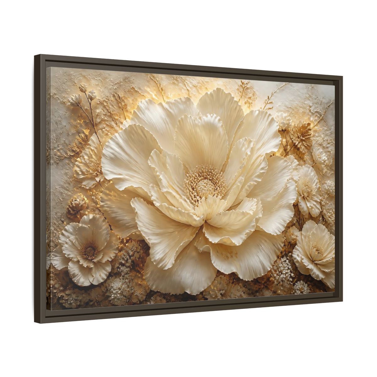 Side Mockup 11. Elegant Ivory Flower Sculpture shown as framed canvas print