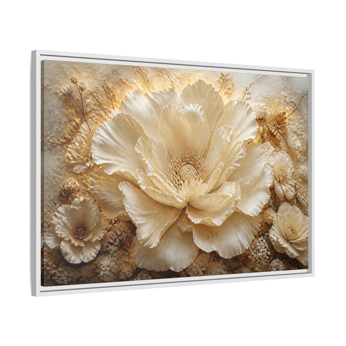 Side Mockup 9. Elegant Ivory Flower Sculpture shown as framed canvas print