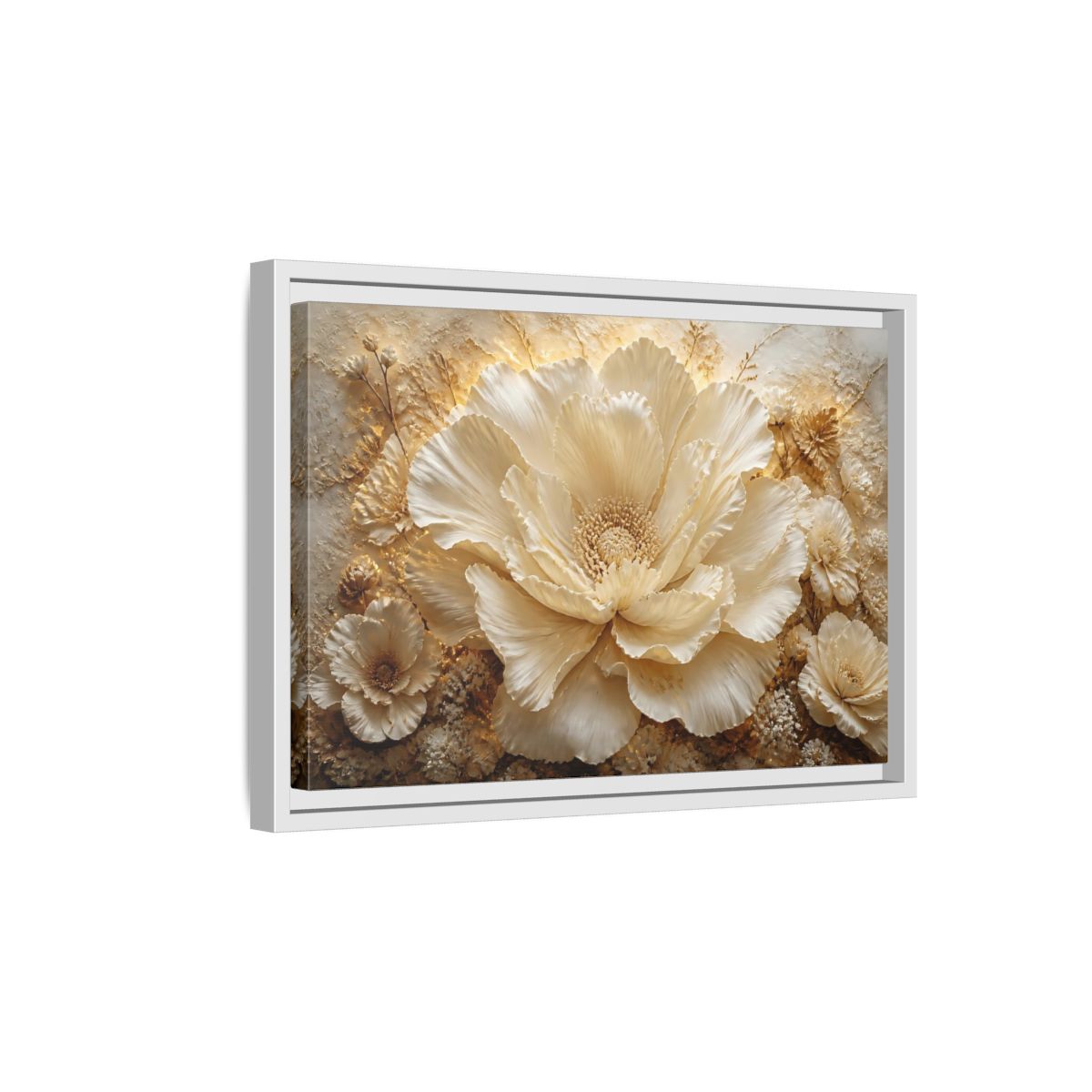 Side Mockup 4. Elegant Ivory Flower Sculpture shown as framed canvas print