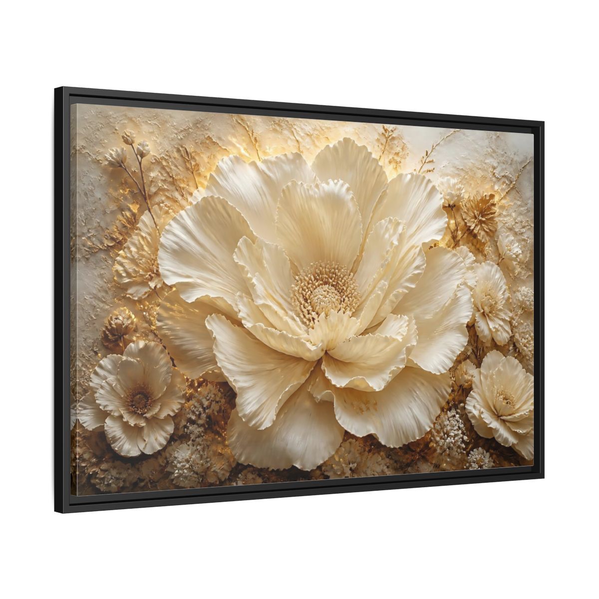 Side Mockup 13. Elegant Ivory Flower Sculpture shown as framed canvas print