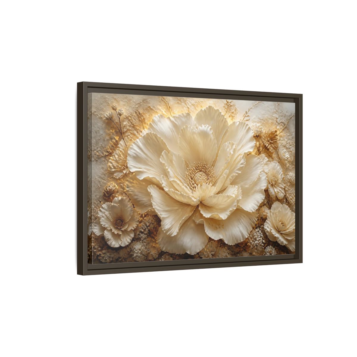 Side Mockup 2. Elegant Ivory Flower Sculpture shown as framed canvas print