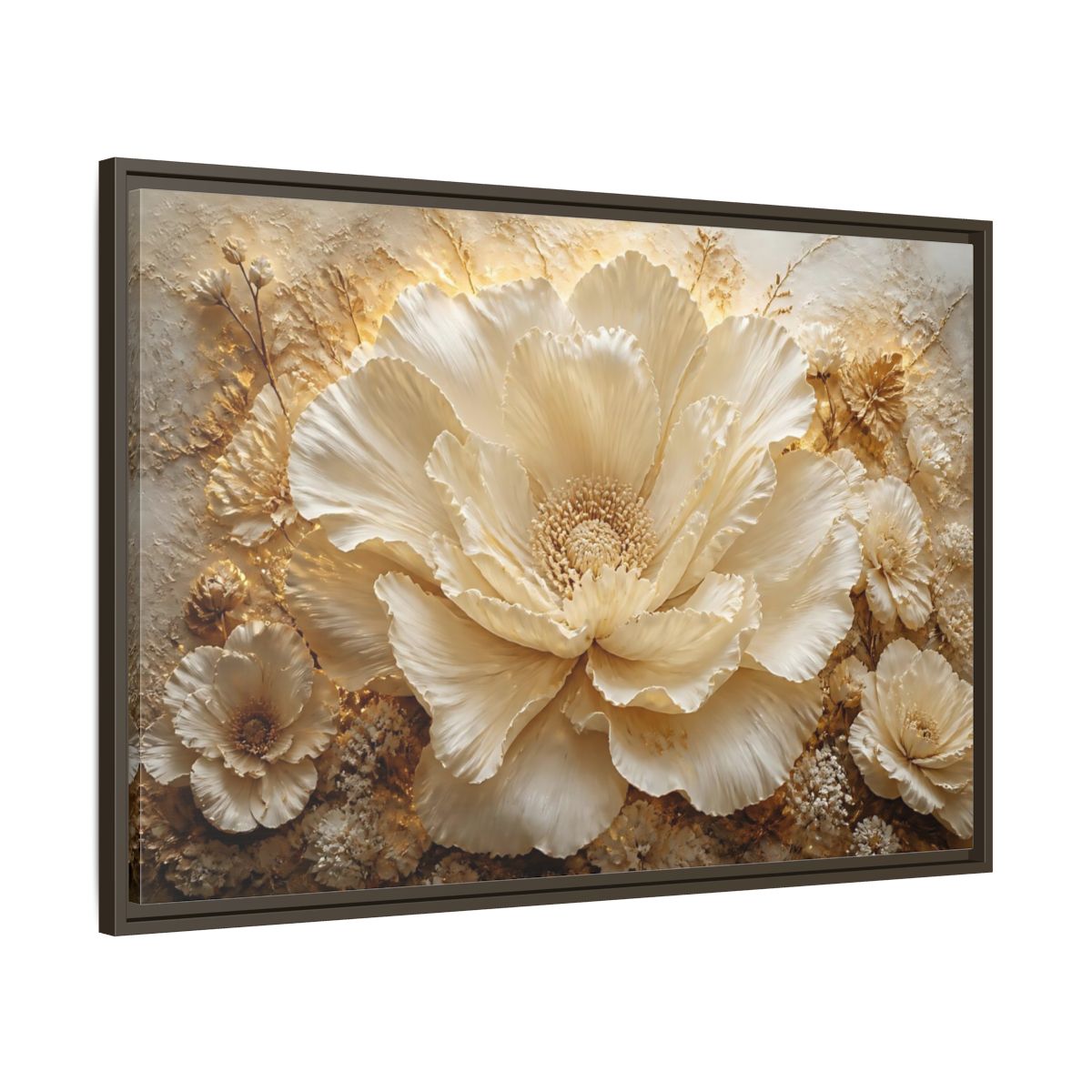 Main Mockup. Elegant Ivory Flower Sculpture shown as framed canvas print