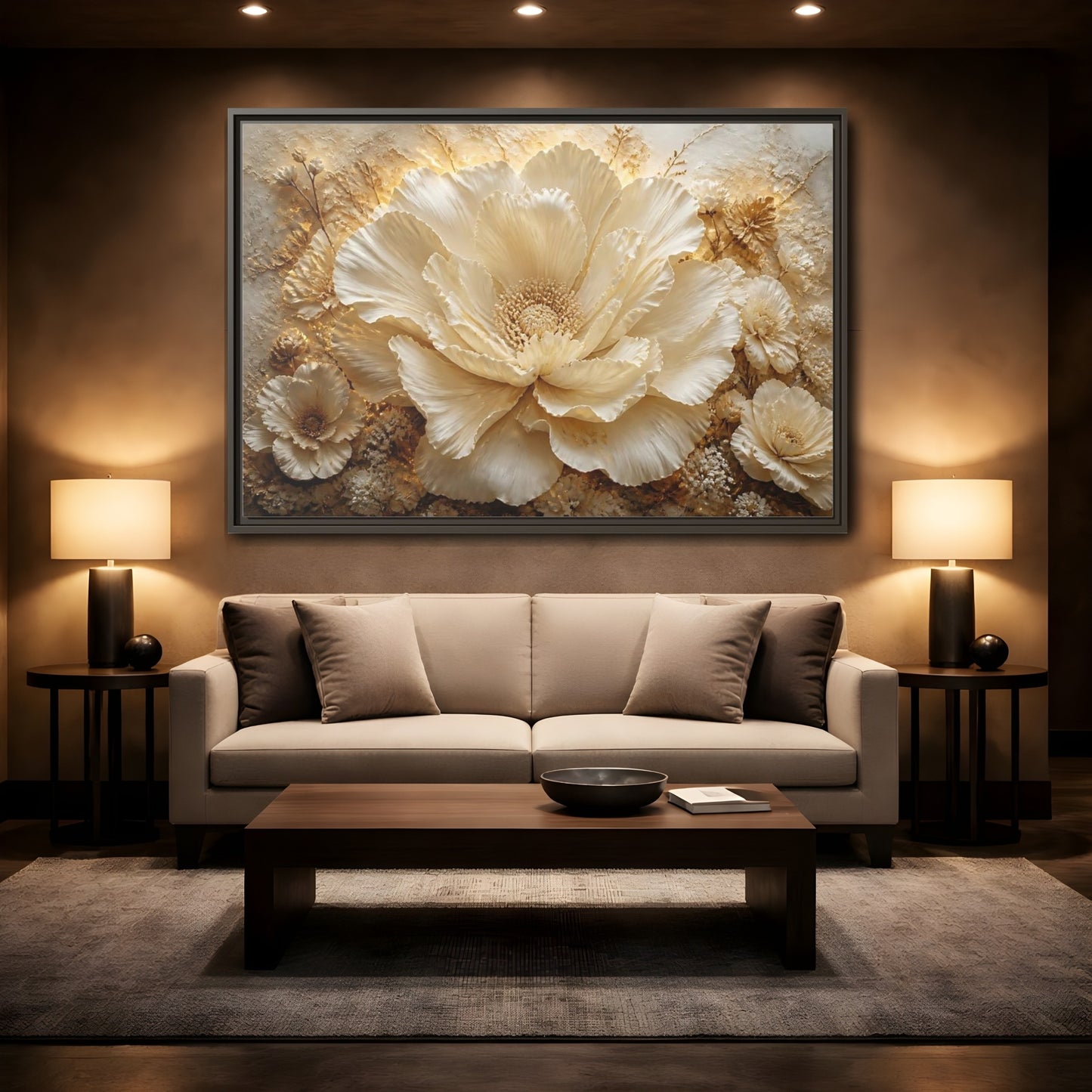 Mockup 2. Elegant Ivory Flower Sculpture shown as framed canvas print