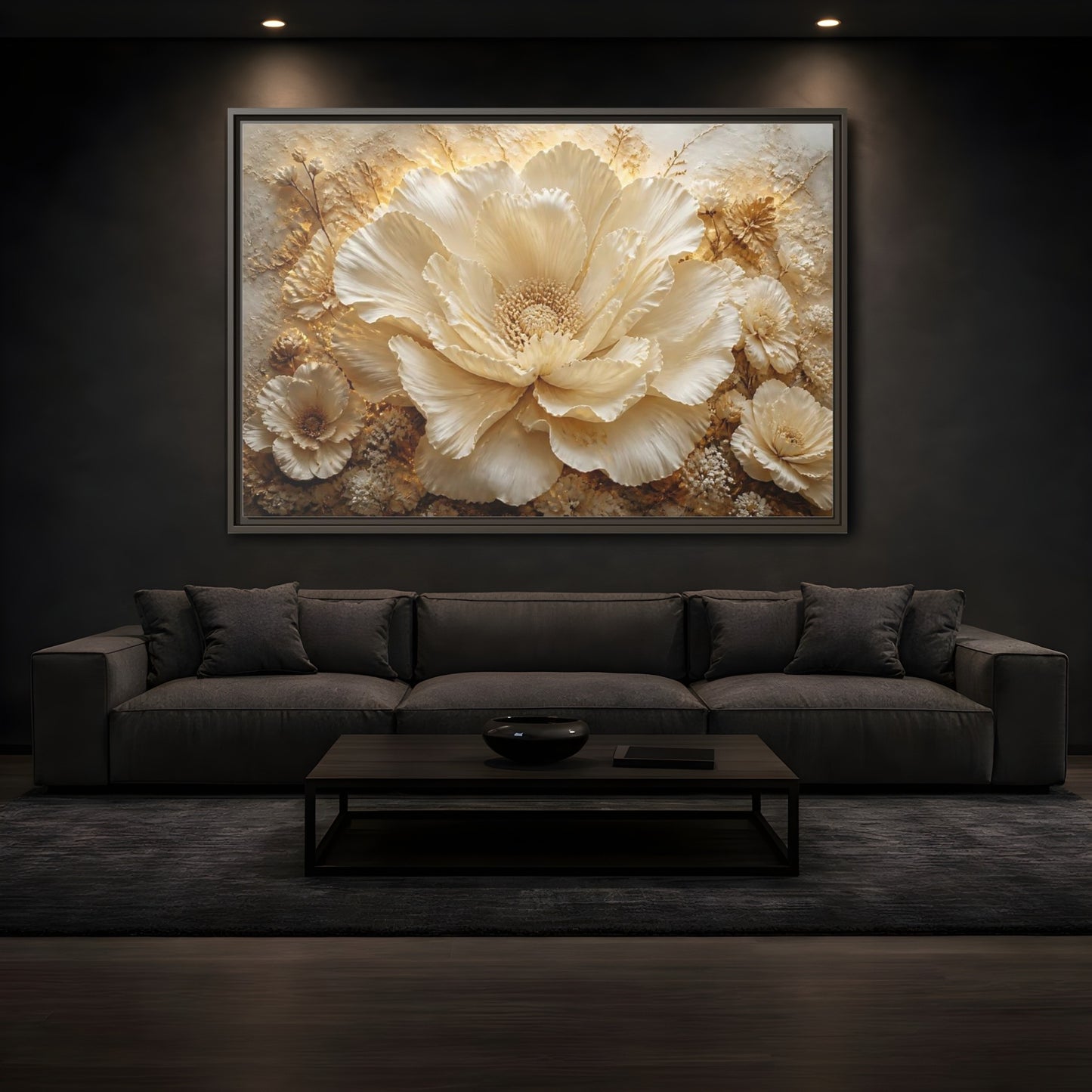 Mockup 3. Elegant Ivory Flower Sculpture shown as framed canvas print