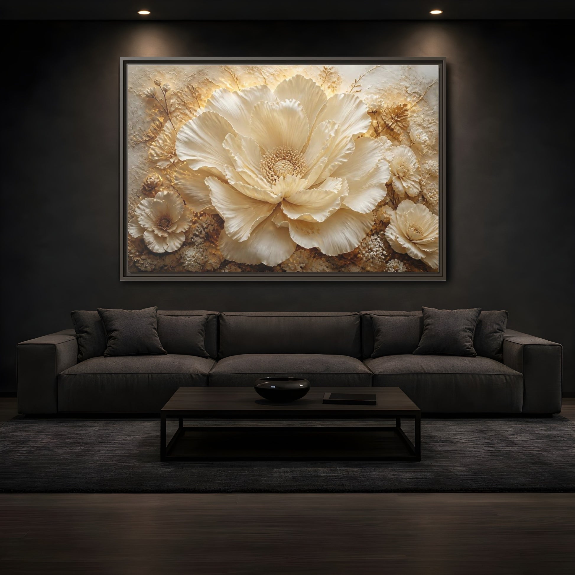 Mockup 3. Elegant Ivory Flower Sculpture shown as framed canvas print