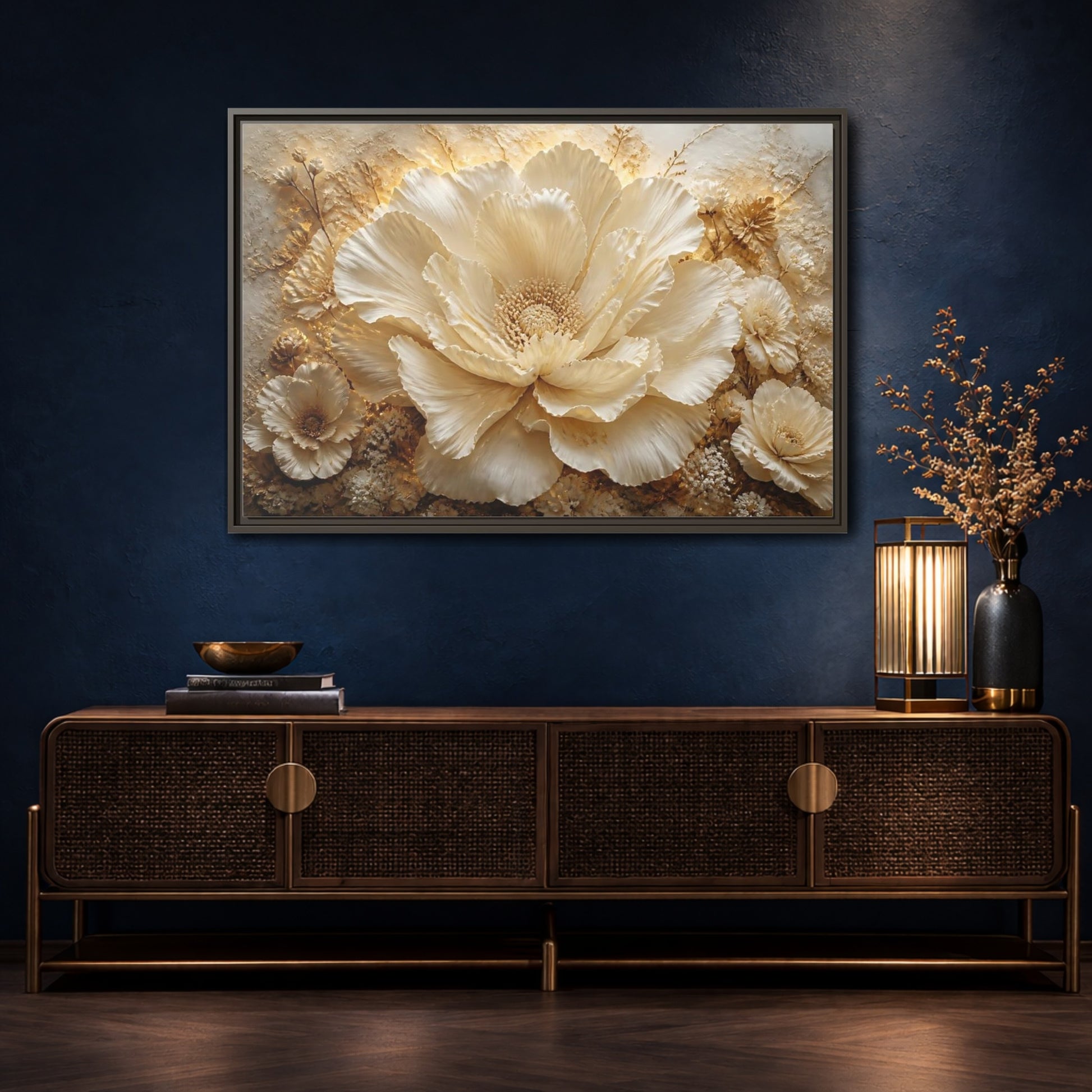 Mockup 4. Elegant Ivory Flower Sculpture shown as framed canvas print