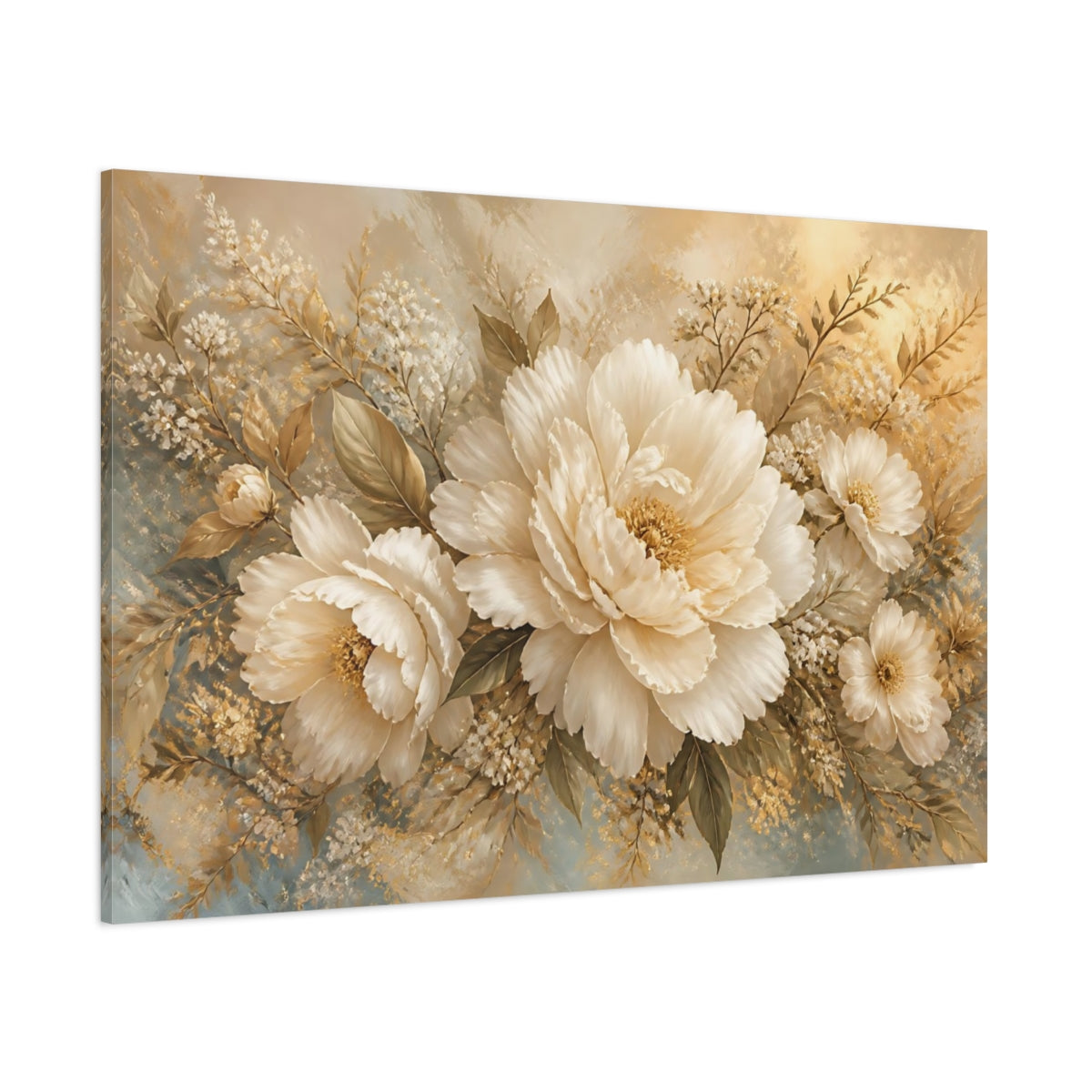 Side Mockup 1. Elegant Ivory Peonies shown as canvas print
