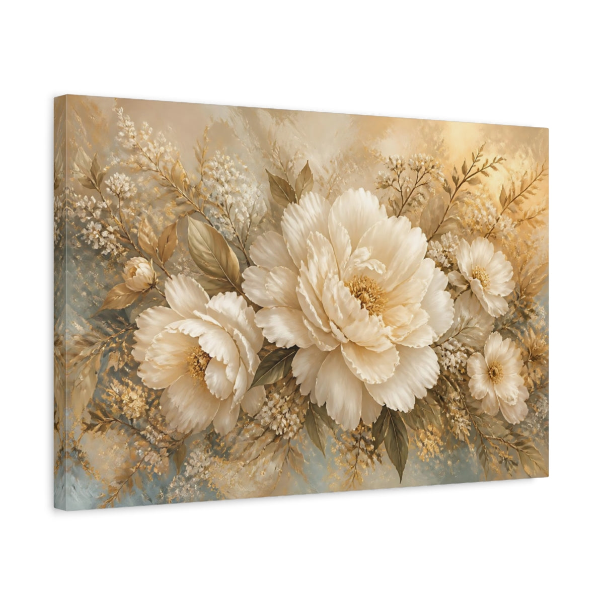 Side Mockup 3. Elegant Ivory Peonies shown as canvas print