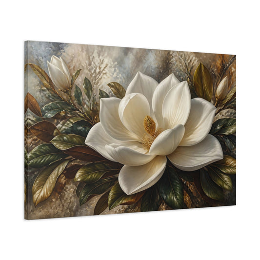Main Mockup. Elegant White Magnolia shown as canvas print