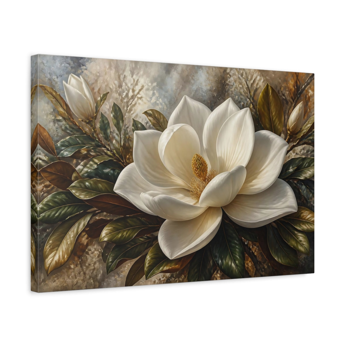 Side Mockup 3. Elegant White Magnolia shown as canvas print