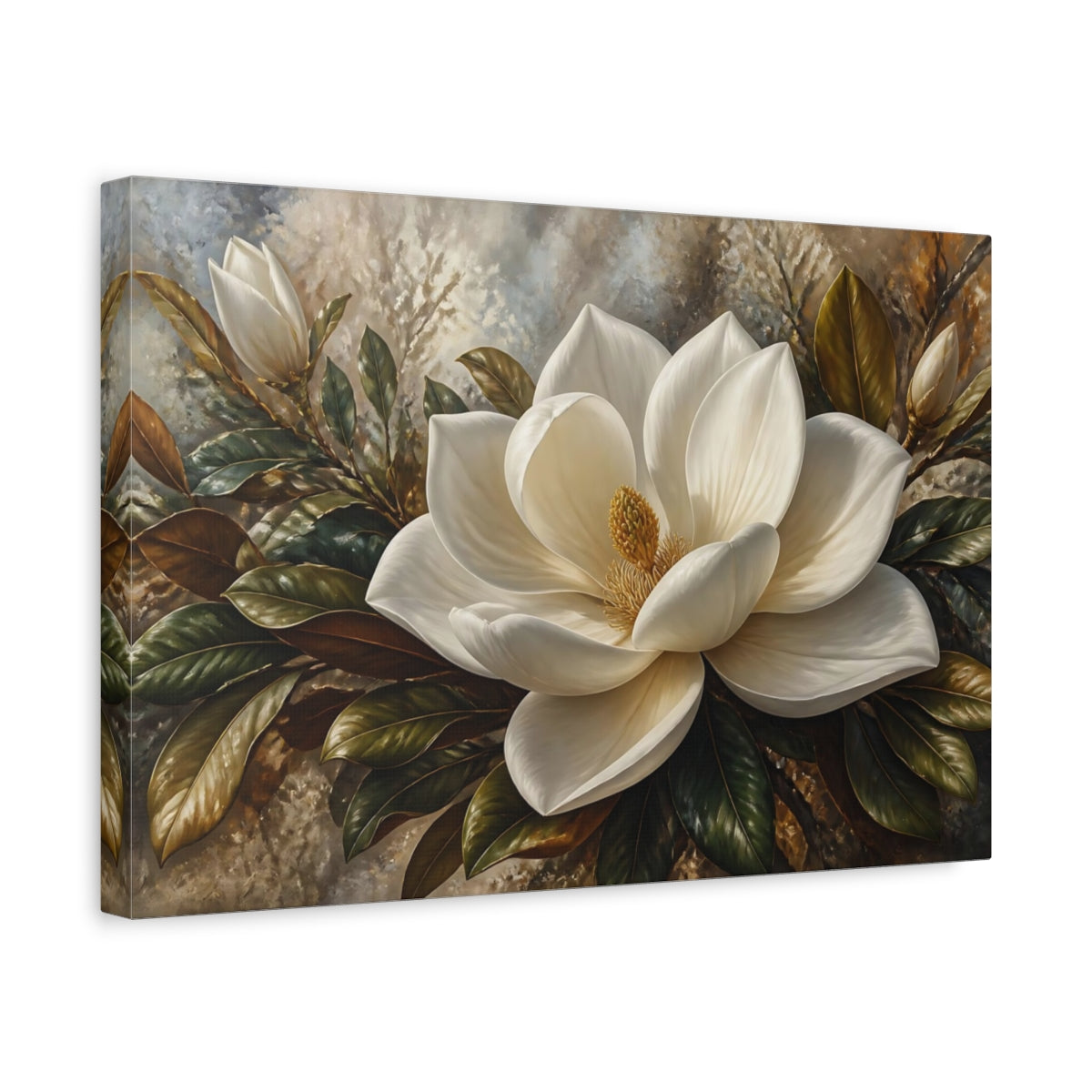 Side Mockup 4. Elegant White Magnolia shown as canvas print