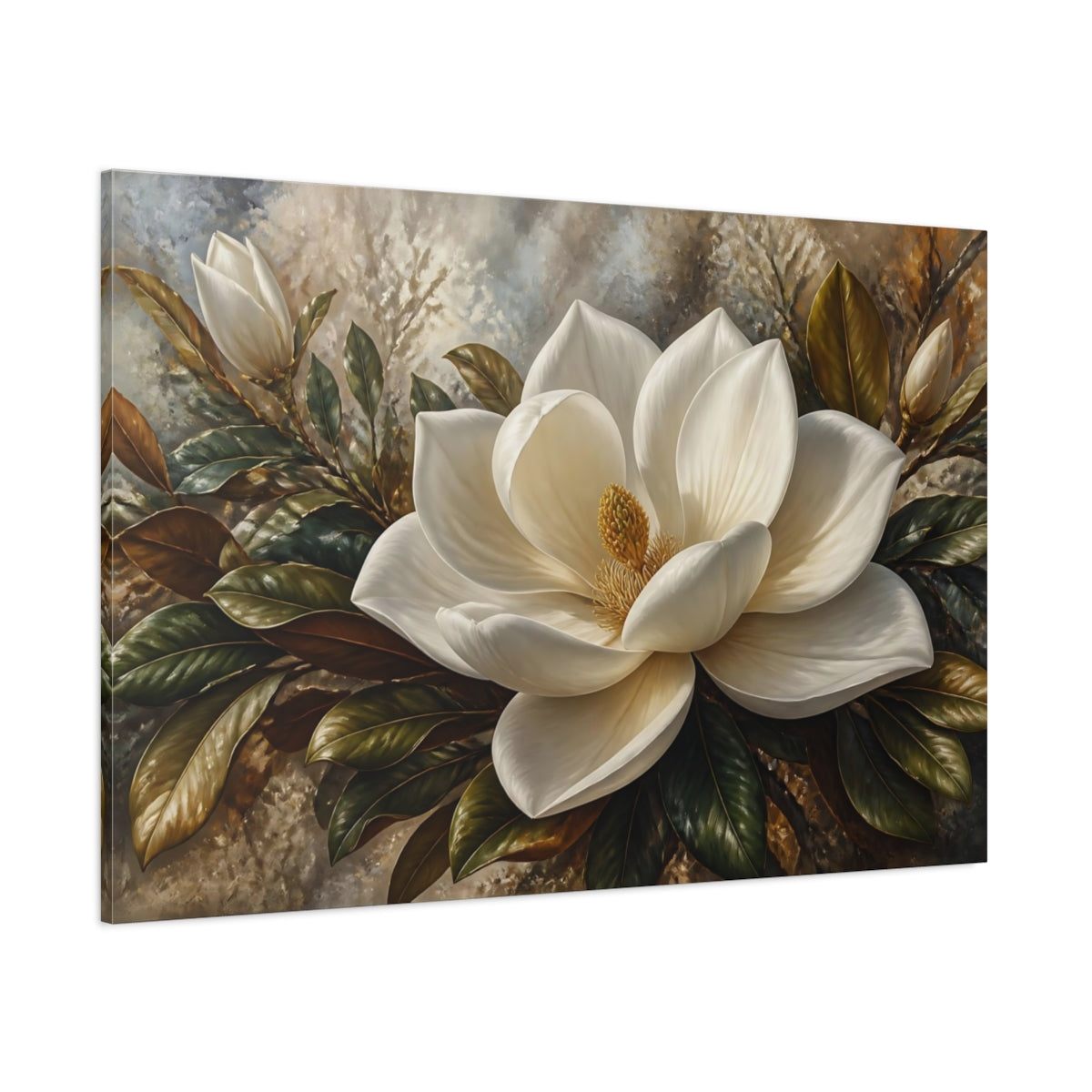 Side Mockup 1. Elegant White Magnolia shown as canvas print