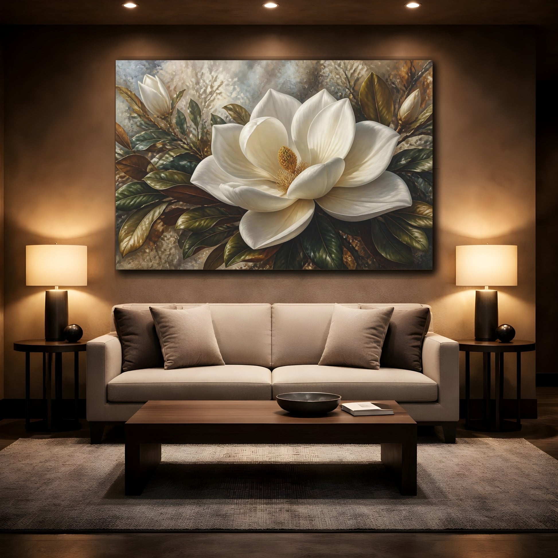 Mockup 2. Elegant White Magnolia shown as canvas print