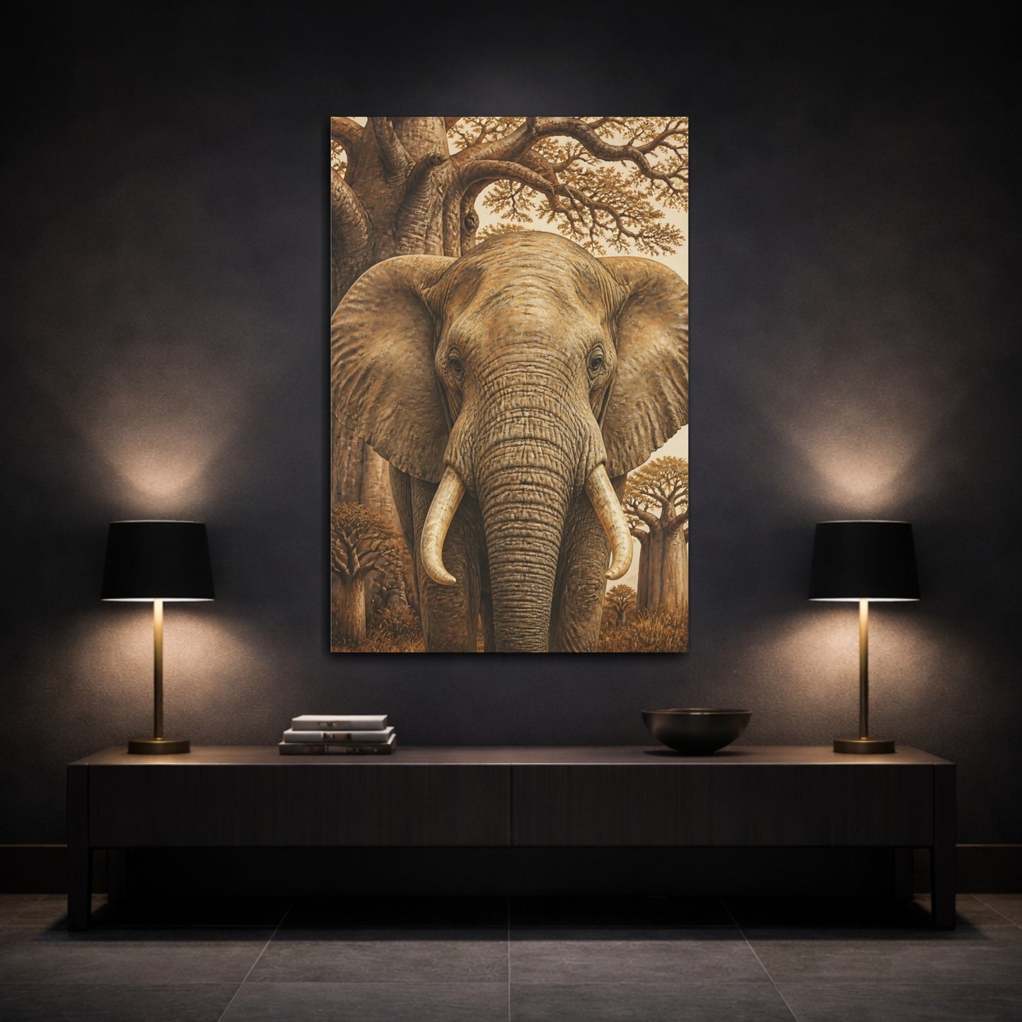 Mockup 3. Elephant Animals Illustration shown as canvas print