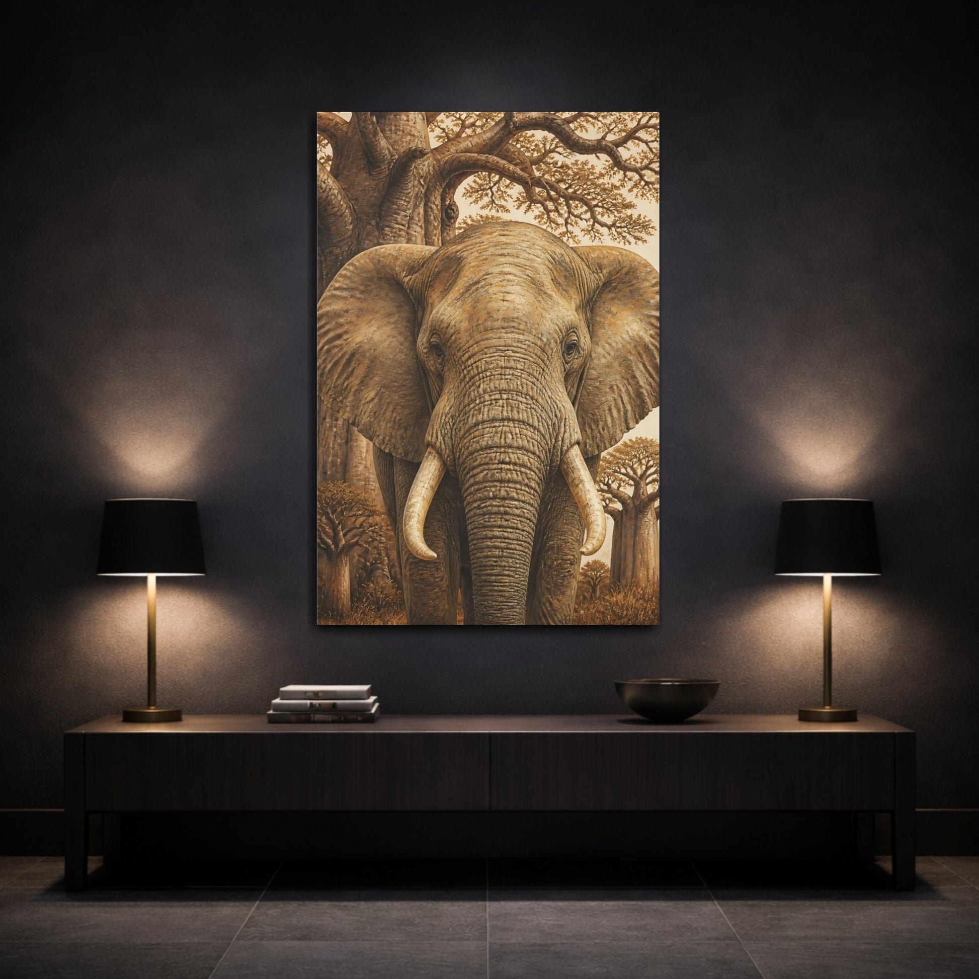 Mockup 3. Elephant Animals Illustration shown as canvas print