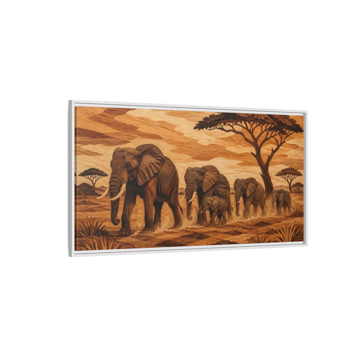 Side Mockup 3. Elephant Family Crossing shown as framed canvas print