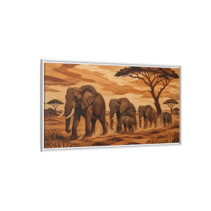 Side Mockup 3. Elephant Family Crossing shown as framed canvas print