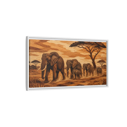 Side Mockup 1. Elephant Family Crossing shown as framed canvas print