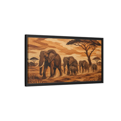 Side Mockup 2. Elephant Family Crossing shown as framed canvas print