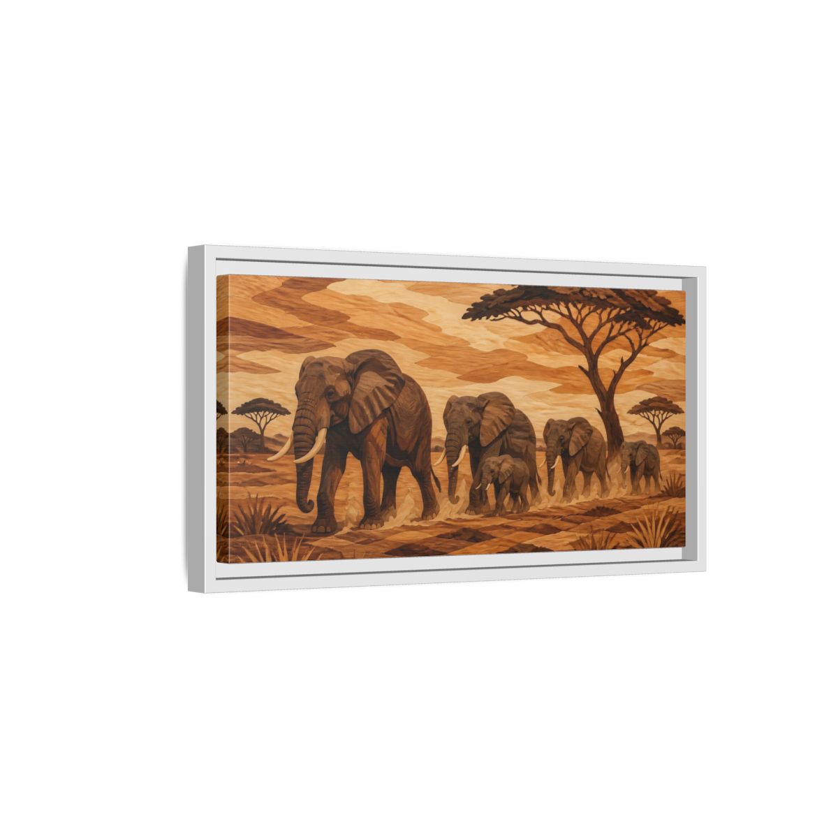 Side Mockup 6. Elephant Family Crossing shown as framed canvas print